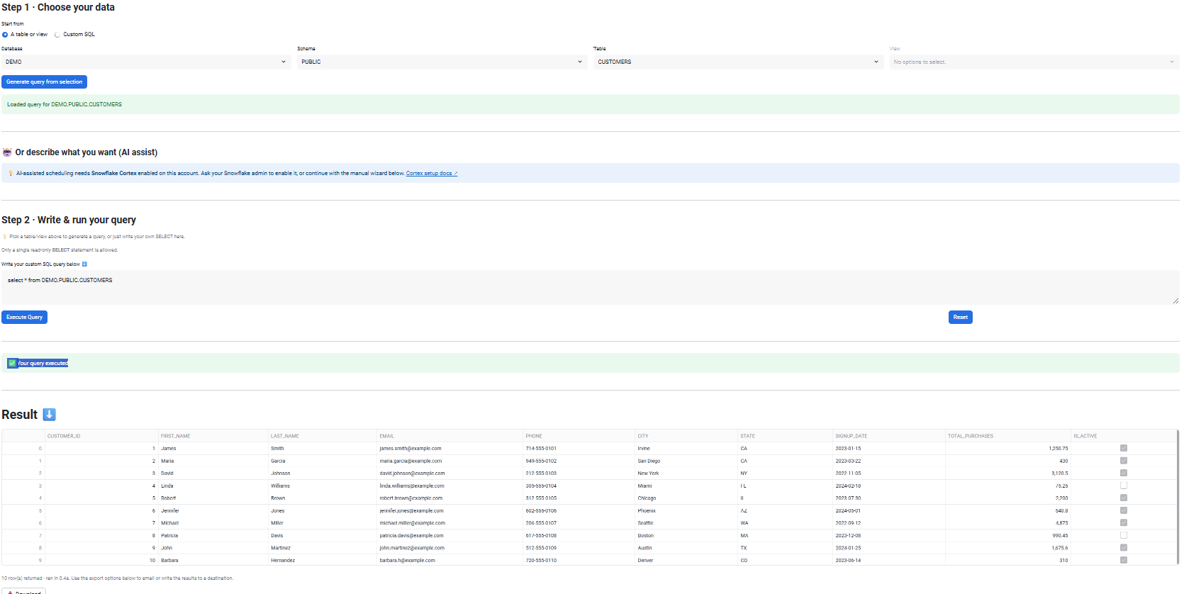 Create Data Export wizard Steps 1 and 2 - choose data, write and run SQL
