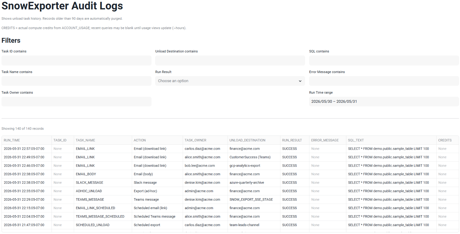 Logs page with audit entries and compute credits per query